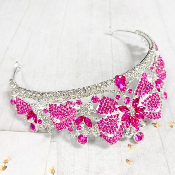 Gold Crystal Crown, Princess Tiara, Hot Pink Gemstone Crown, Quinceanera Crown - Picture 9 of 10